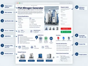 Anatomy of a high-converting manufacturer product page with specs, certifications and RFQ form